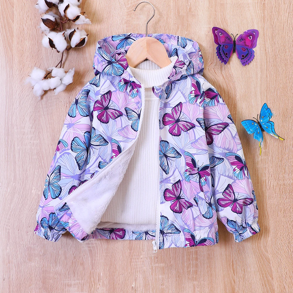 Girls' Autumn and Winter New Thickened Plush Butterfly Print Hooded Coat