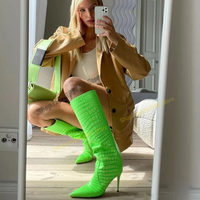 

Shiny Green Color Snake Print Knee High Boots Pointed Toe Thin Heels Women Shoes Big Size 2023 Fashion Concise Zapatillas Mujer