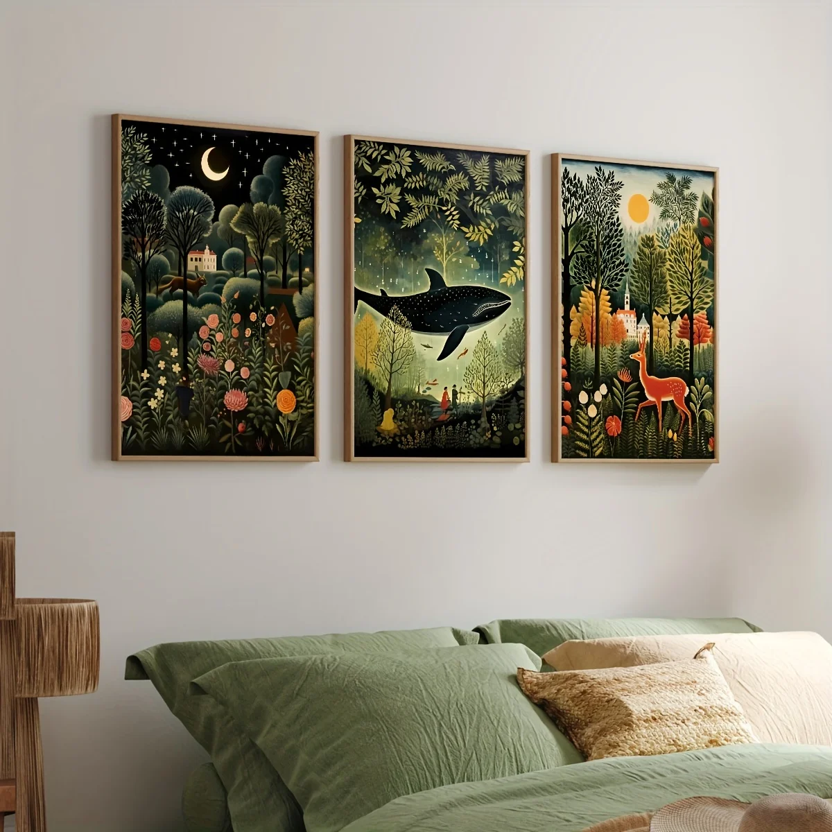1/3pcs Moon Sun Whale Fawn Green Woodland Canvas Printing Tropical Jungle Inspired Wall Art Poster for Spring Nursery Home Decor