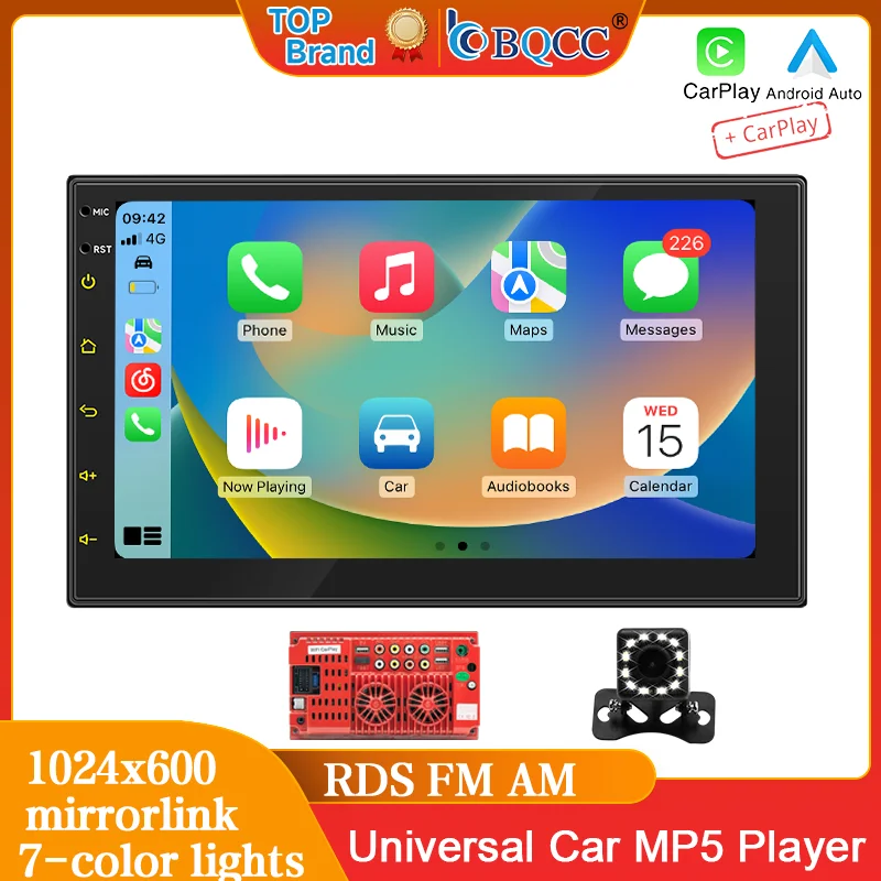 BQCC 7'' 2Din HD Universal Car MP5 Player  Wireless CarPlay/Android Auto 7-Color Lights FM AM BT USB Stereo Radio