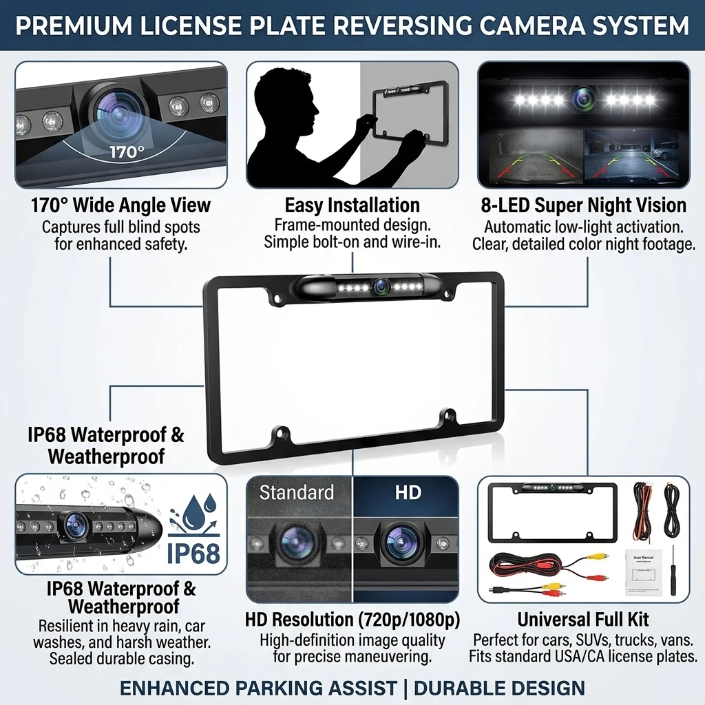 범용 차량용 후방 카메라, 170도 광각, 8개의 LE - License Plate Backup Camera Frame Mount 리뷰 및 가격