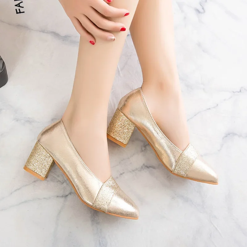 Women Pumps Sweet Style Square High Heel Sadals Sequins Pointed Toe Spring and Autumn Elegant Shallow Womens Shoes