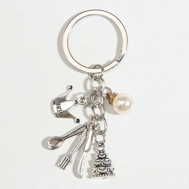 Cute Cake Princess Pearl Cutlery Alloy Metal Keychain Silver Color Fashion Key Ring For Girls Gifts Souvenir Handmade Jewelry