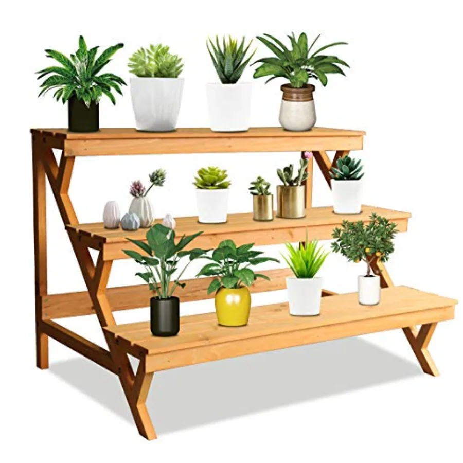 

Indoor outdoor 3-tier wood plant stand natural wood color sturdy ladder-style design for multi-plant display and storage 35.43×