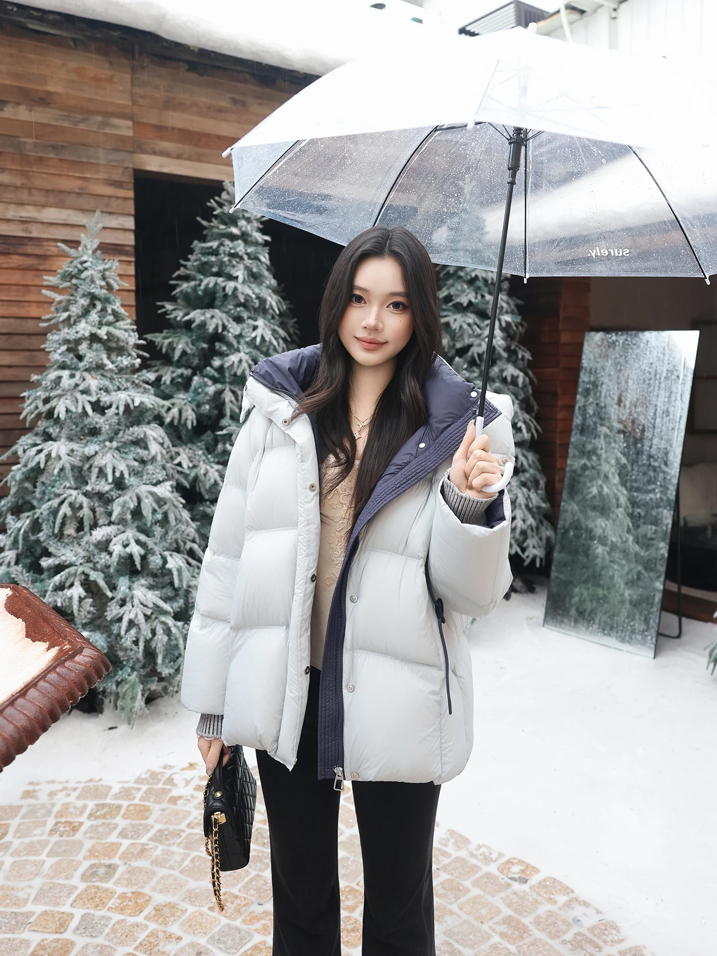 

Thiened White Goose down Jaet Women's Casual Sle Fce Bubble Windproof Sve Warm Coat by Old Yang's Private Label