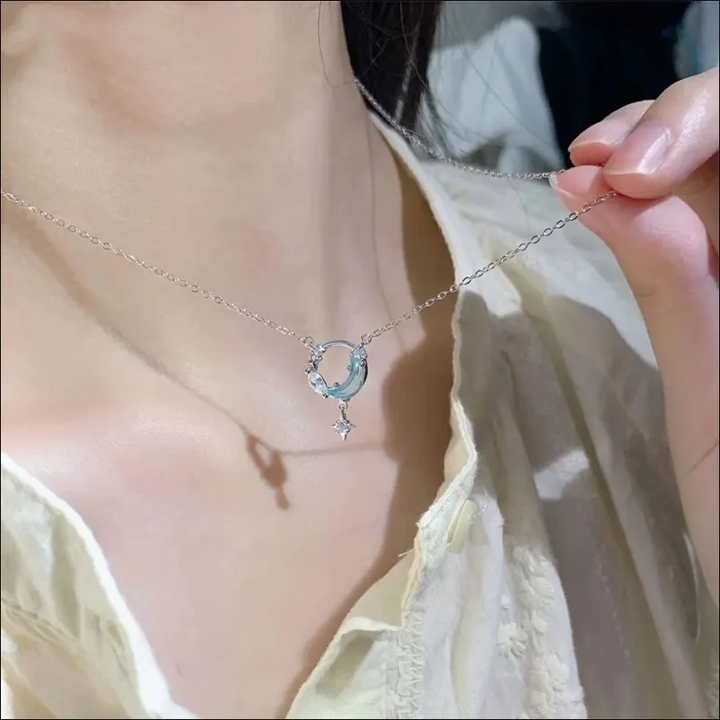 2023 Sewwt Moon Stainless Steel Chain Necklace Korea Colorful Moon Star Stone Pendant Necklaces Choker for Women Fashion Jewelry