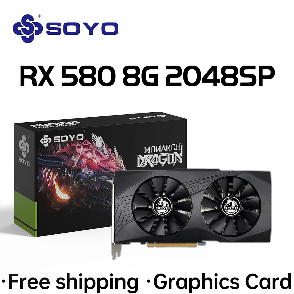 SOYO 오리지널 Radeon RX580 8G 그래픽 카드, GDDR5 메모리 비디오 게임 카드, PCIE3.0 x 16 HDMI DP DVI, 데스크탑 컴퓨터 AMD용 