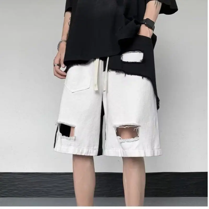 Irregular Ripped Tooling Shorts Men's Summer Five-point Pants Design Sense Black and White Splicing Casual Pants