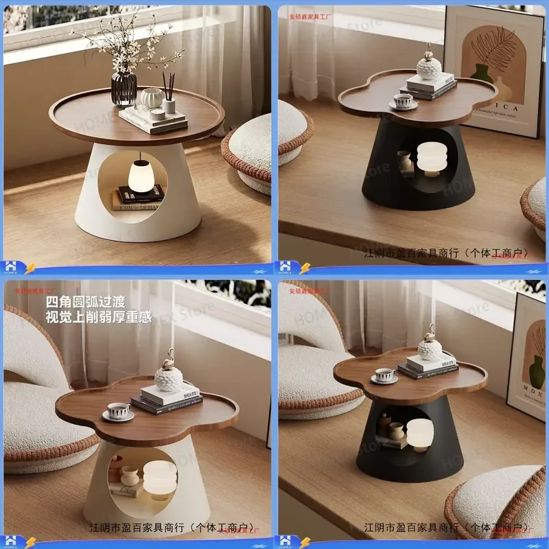 Cloud-shaped window sill features a few cream-colored tatami-style small coffee tables for home use. They are placed