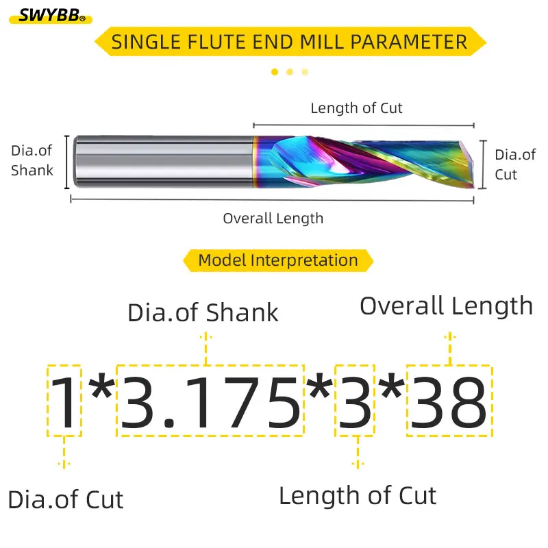 SWYBB-cortador de grabado CNC 1F, molino de extremo de una flauta, espiral de un solo diente, 1 2 3.175 4 5 vástago, broca 3D para madera acrílica