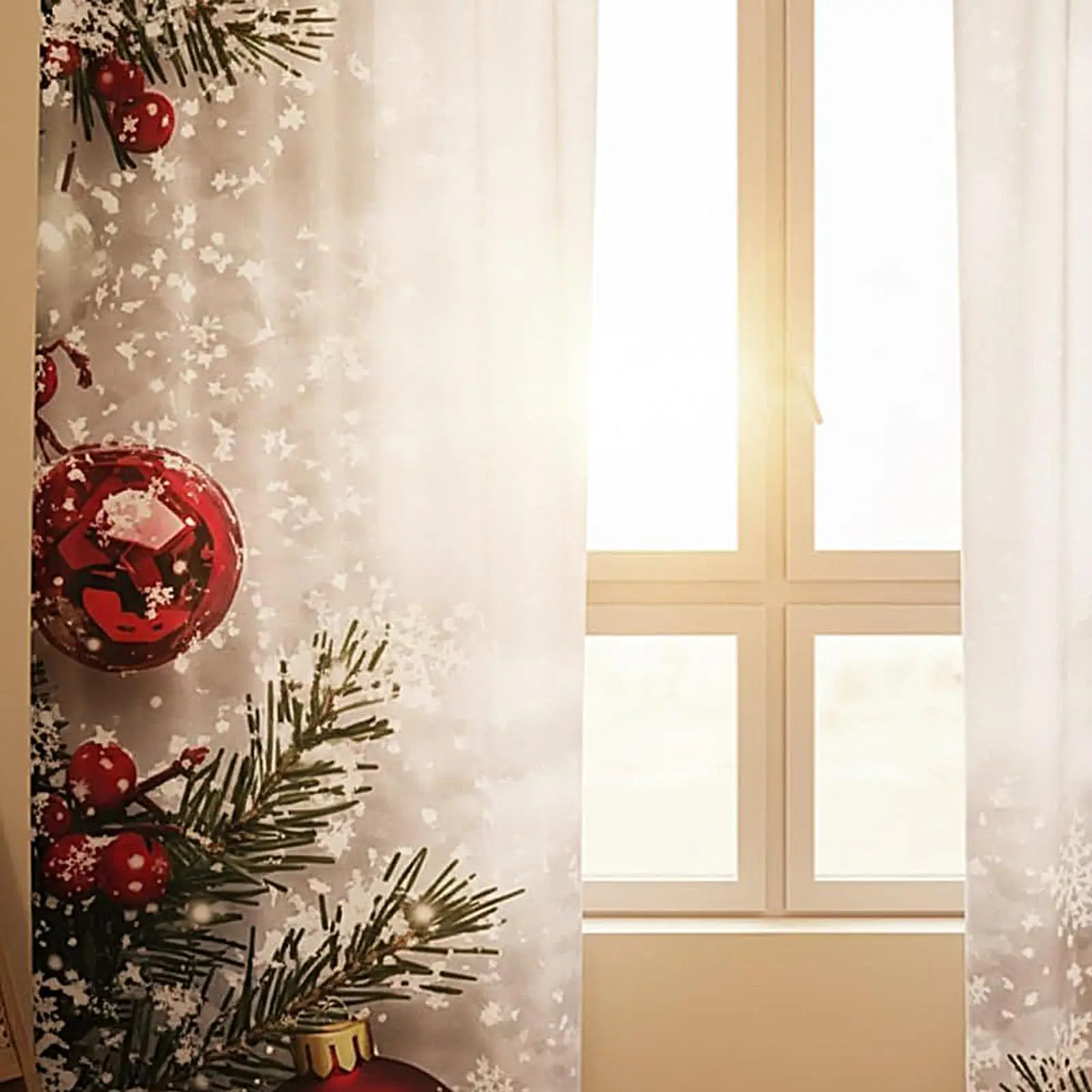 

Рождественская оконная драпировка, 2-х предметная крышка с принтом рождественского шара, 2D плоские праздничные драпировки с принтом снежинки и сосновой ветки
