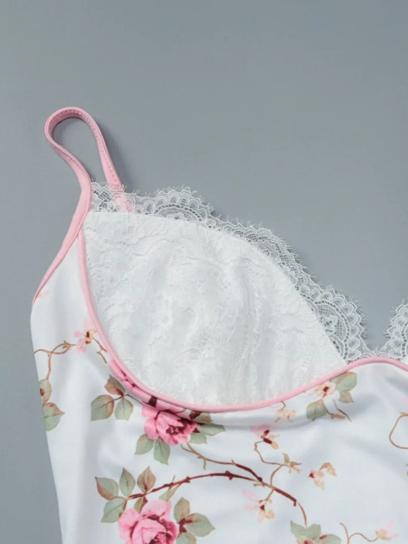 FDYOUI Donna Patchwork in pizzo Stampa floreale Abito con cinturino per spaghetti Sexy scollo a V Backless Abiti da festa di compleanno a metà polpaccio Streetwear