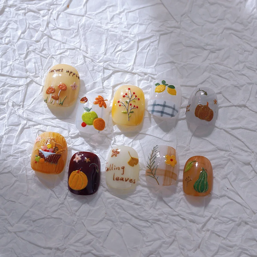 3D-Maniküre-Abziehbilder, Zitrone, Apfel, Früchte, Kürbis, Pilz, Ahornblatt, Ginkgo, Biloba, geprägt, selbstklebende Nagelkunst-Aufkleber, Herbst