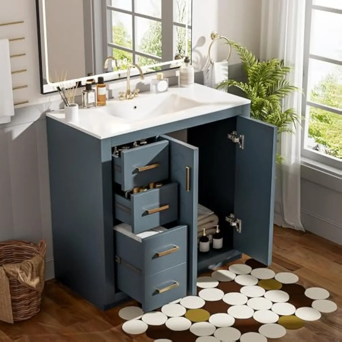 36 Inch Rectangular Bathroom Vanity with Integrated Ceramic Undermount Sink Solid Wood Pine Frame MDF Construction Three Soft-Cl