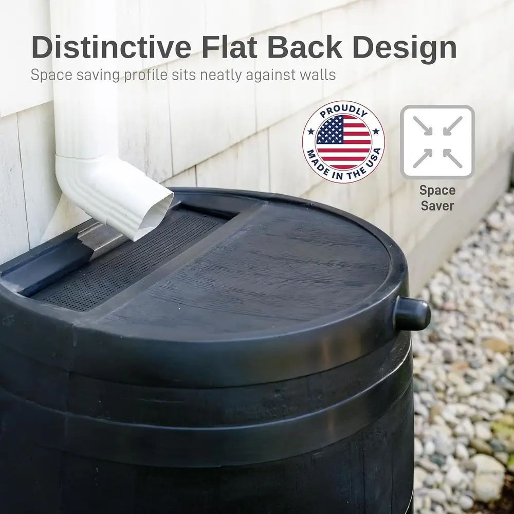 50-Gallon Recycled Plastic Rainwater Collection Barrel with Stand, Black