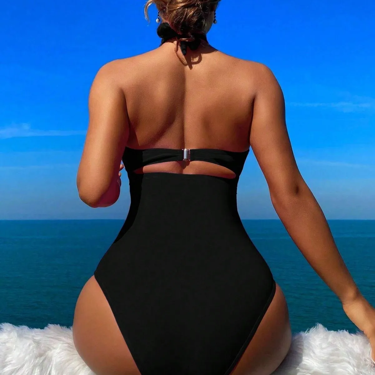 Women Swimsuit Halter Neck Solid Swimsuit Backless Waist Cinching Bathing Suit Ruched Bust High Cut Swimwear Black Woman view 4