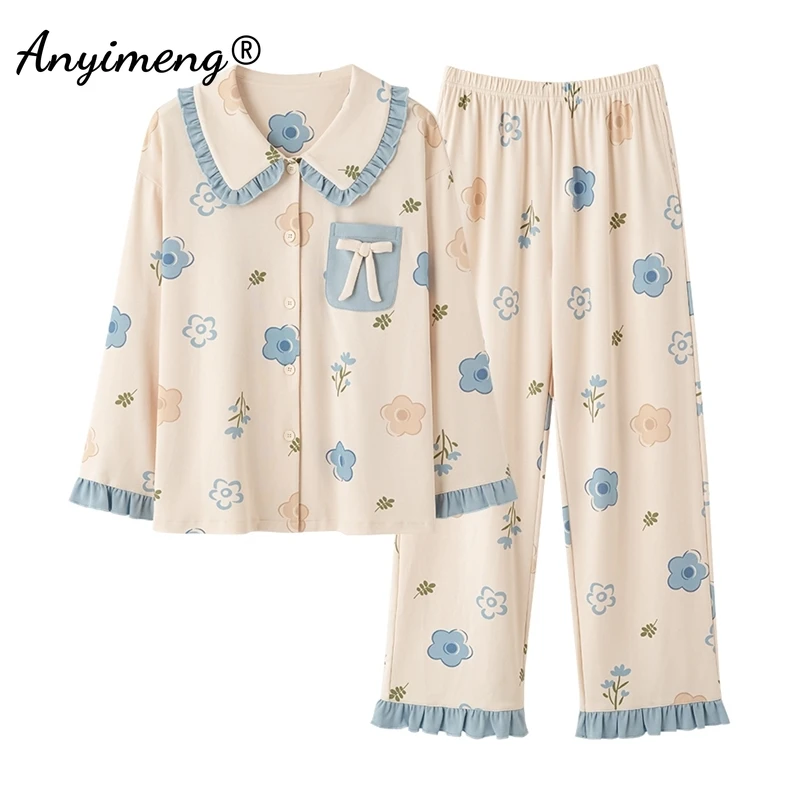 New Autumn Winter Cotton Pajamas for Women Lapel Cute Girl Homewear Long Sleeve Princess Sleepwear Floral Print Loungewear