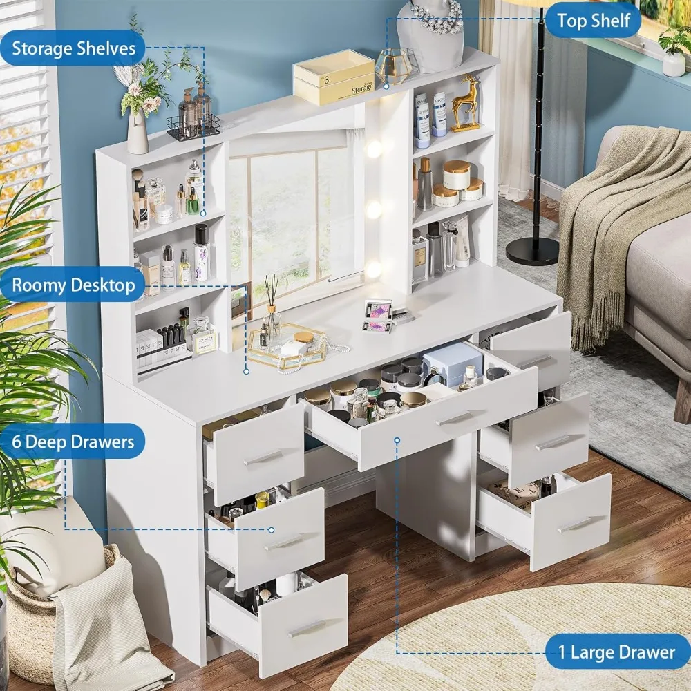 مكتب زينة كبير مع مرآة و10 مصابيح، طاولة زينة للمكياج مع مخرج طاقة، 7 أدراج و6 أرفف تخزين، فاني مكياج #4