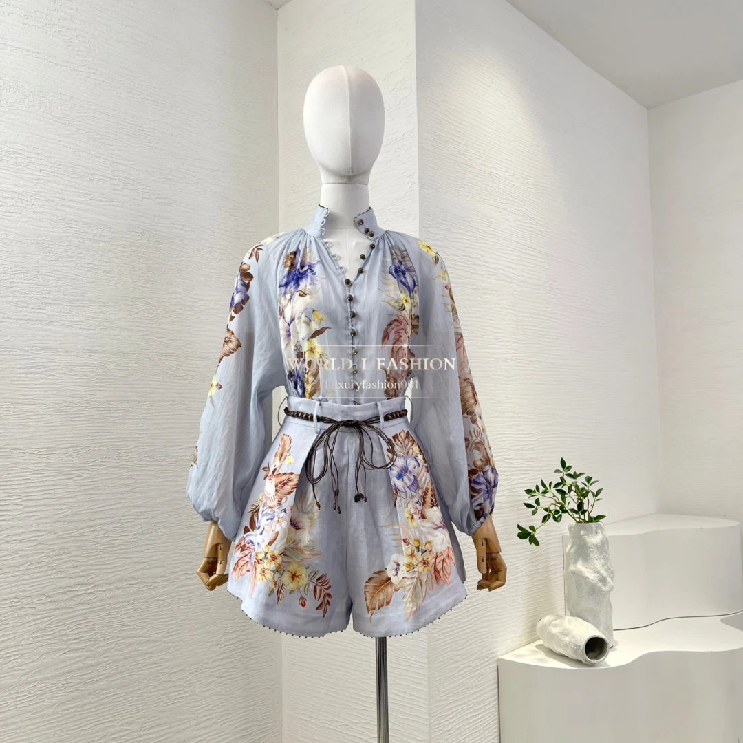 

2025 Summer High Quality New Vintage Violet Purple Floral Print Long Sleeve Ramie Blouse Tops and Linen Shorts Sets for Women