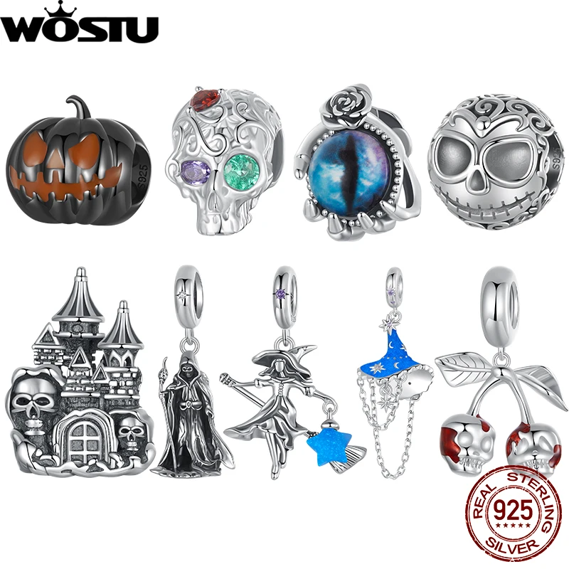 

WOSTU 925 Sterling Silver Luminous Halloween Charms Cherry Skull Pendant Witch Hat Beads Original for Women Bracelet Accesories