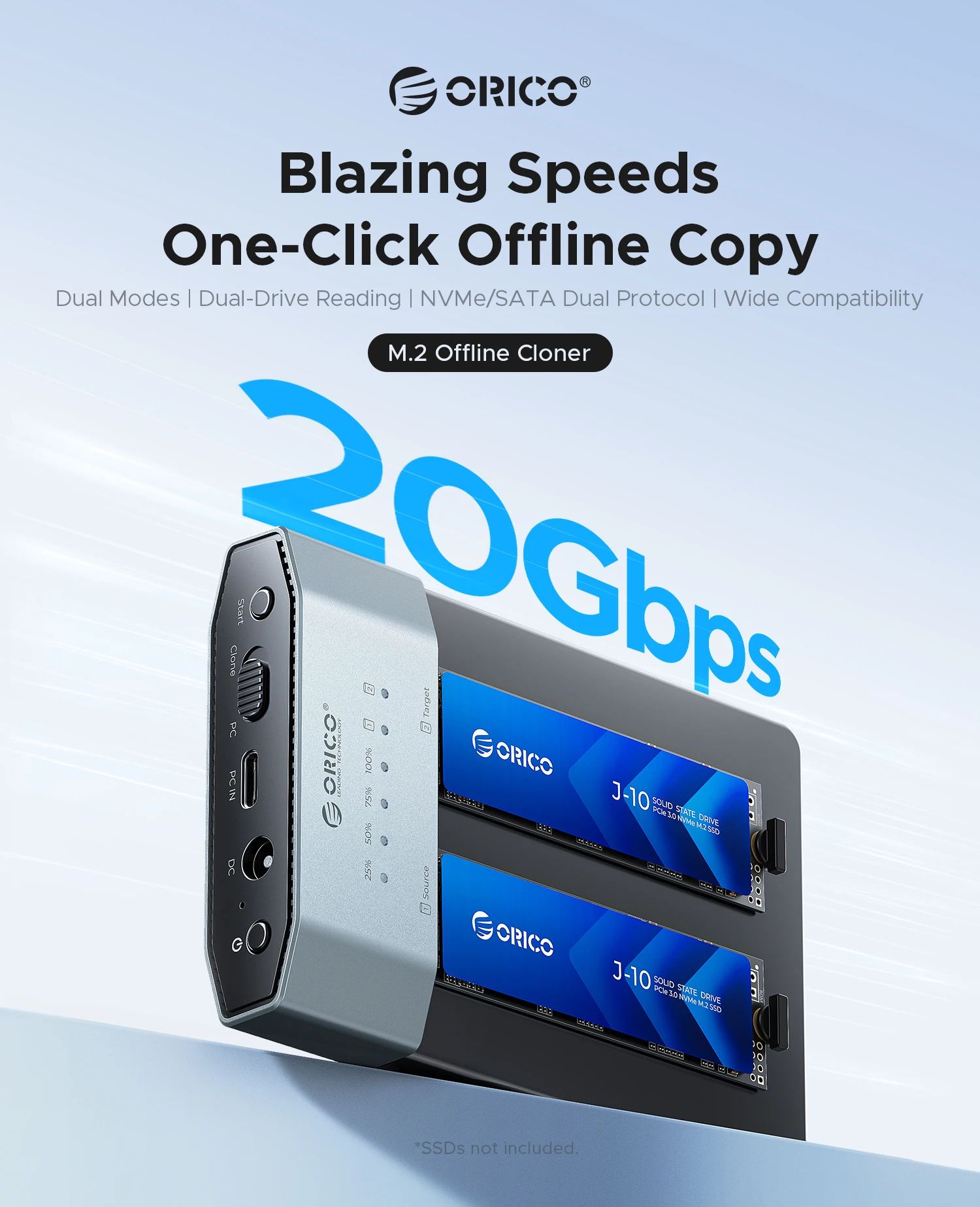 ORICO 20Gbps Dual Bay M.2 NVMe SATA SSD Cloner Enclosure Aluminum M.2 Duplicator Offline Clone USB3.2 Gen 2X2 Docking Station