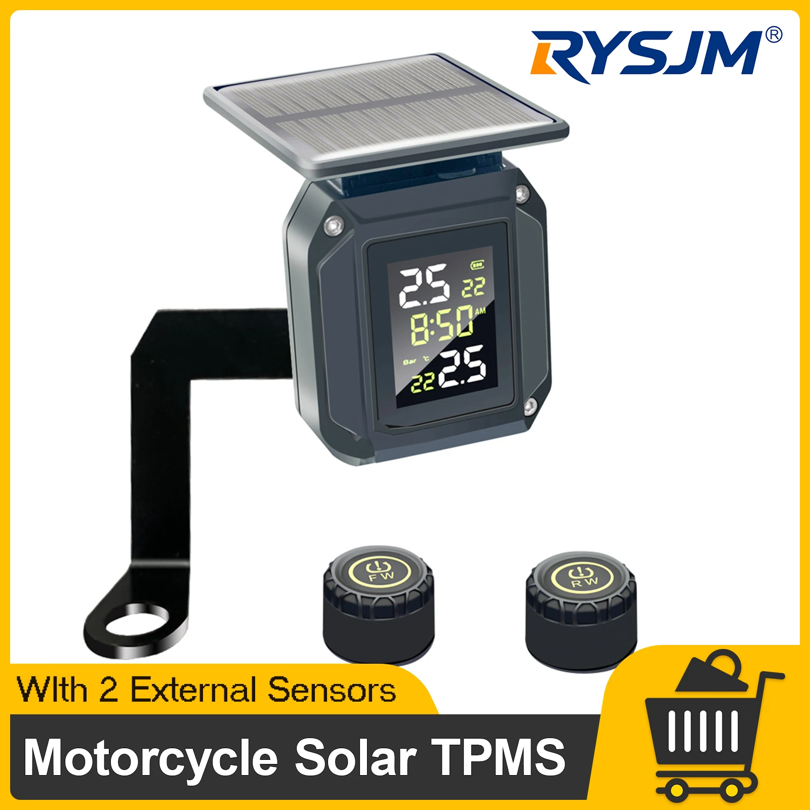 1 LCD Display for Motorcycle Tire + 2 External Sensors Solar-Powered Motor TPMS Wireless Pressure Monitor for Temperature Alarm
