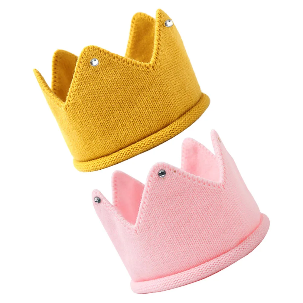 

2Pcs Baby Knit Crown Hat Soft Knitted Birthday Party Cap Lightweight Toddler Newborn Baby Shower Hat Infant Crown