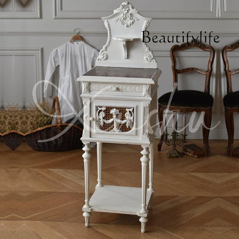 

C French Carved Solid Wood Living Room Rattan Small Coffee Table American Contrasting Color Balcony Movable Small Table