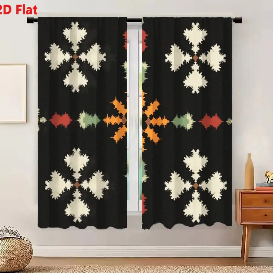 2Pcs Curtains 2D Flat Symmetrical Geometric Tribal Pattern With Orange Starburst And Cream Fractal Stars On Dark Gray Background