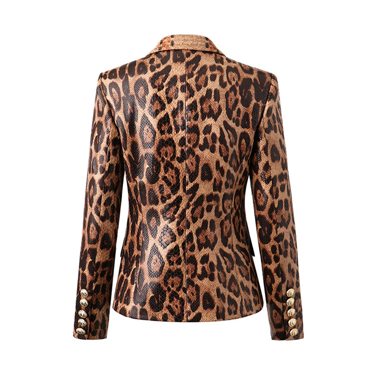 Fashion Latest Design Pu Women Blazer Leopard Print Double Breasted Buttons Faux Leather Jackets