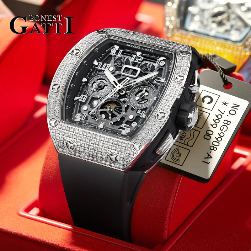 

BONEST GATTI Men Automatic Mechanical Watch Stainless Steel Skeleton Dial Sapphire Glass Waterproof Luxury Moissanite Wristwatch