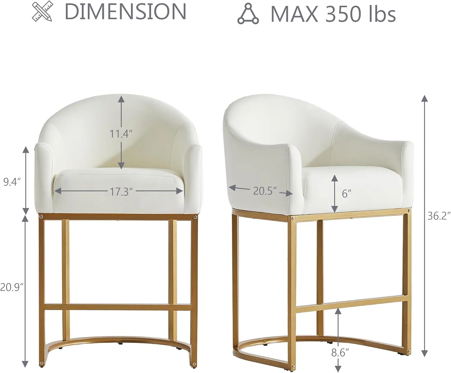 Set of 2 Modern Faux Leather Upholstered Barrel Back Counter Height Bar Stools for Kitchen Island