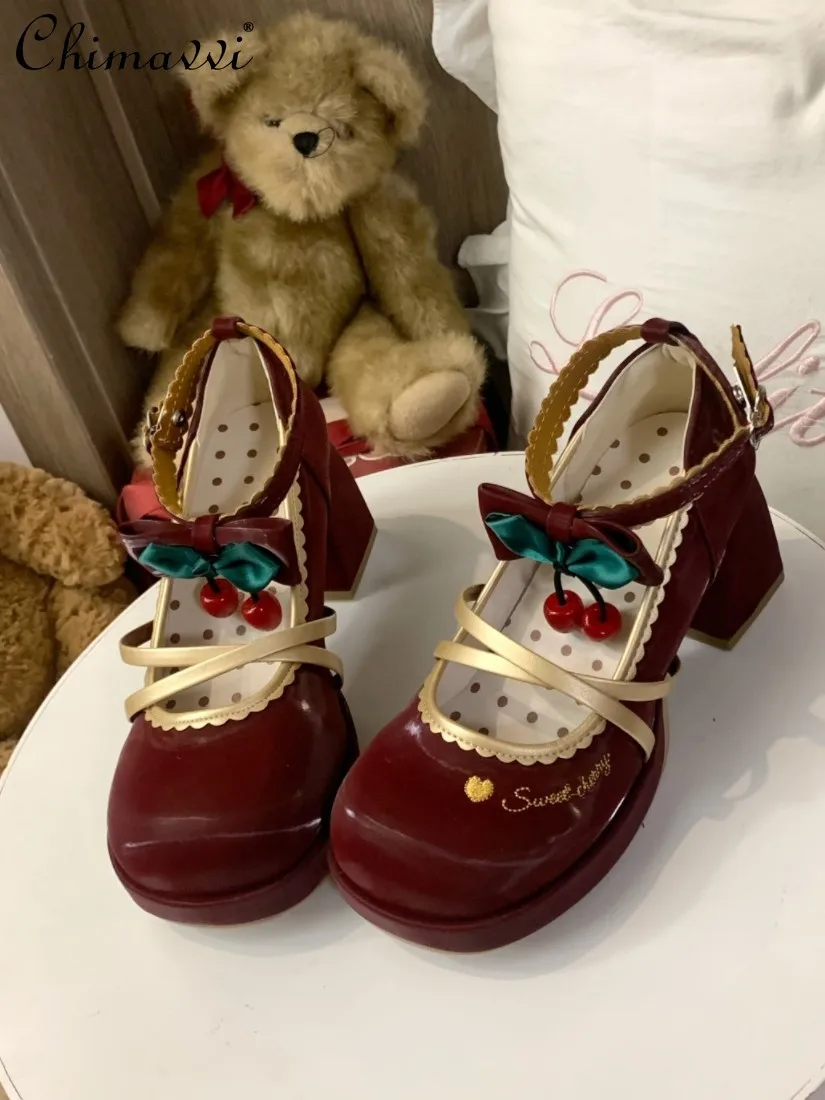 

Lolita Sweet Girl High Heel Cherry Embroidered Shoes 2026 New Cute Bows Elegant Burgundy Doll Heeled Lolita Shoes Pumps Women