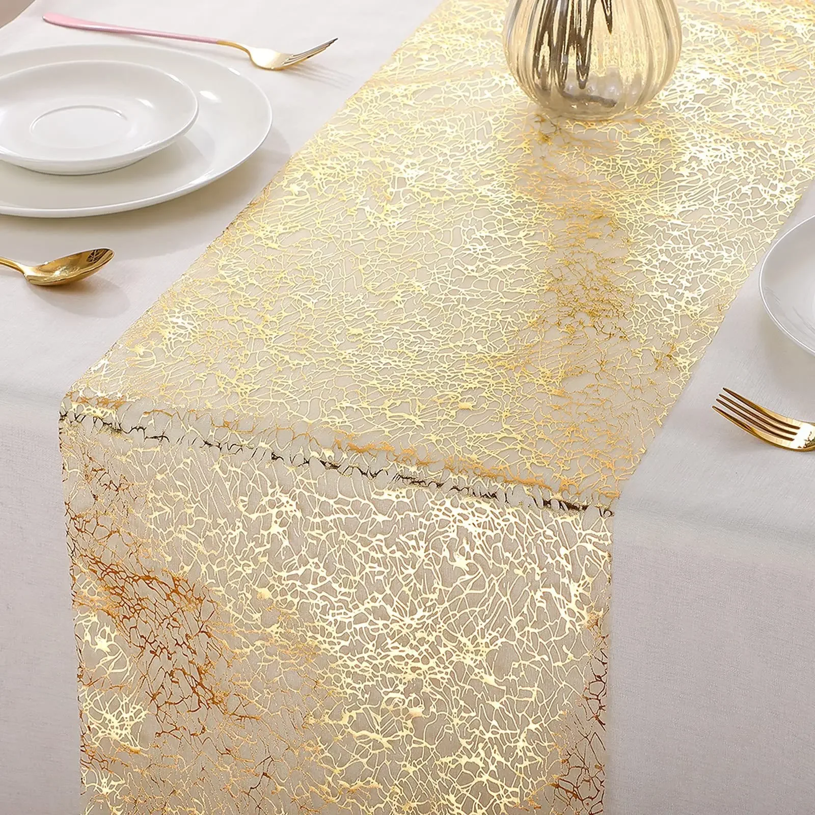 Gold Foil Sheer Table Runner, Glitter Mesh Tablecloth for Wedding Banquet Party Decoration