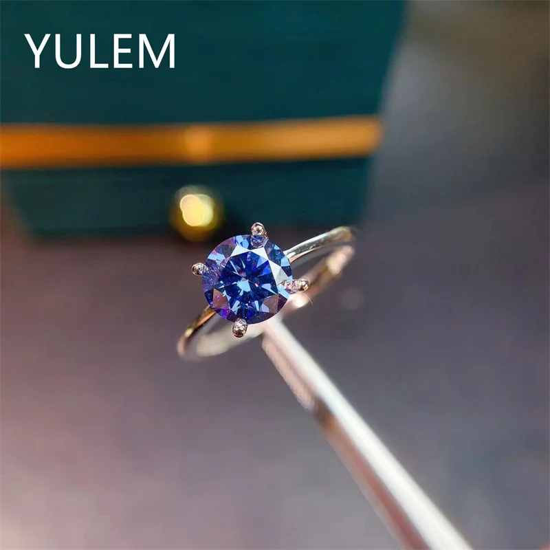 Royal Blue Moissanite Ring 1Carat 6.5mm Round Excellent Cut Tester Past Blue Moissanite Ring Wedding Jewelry