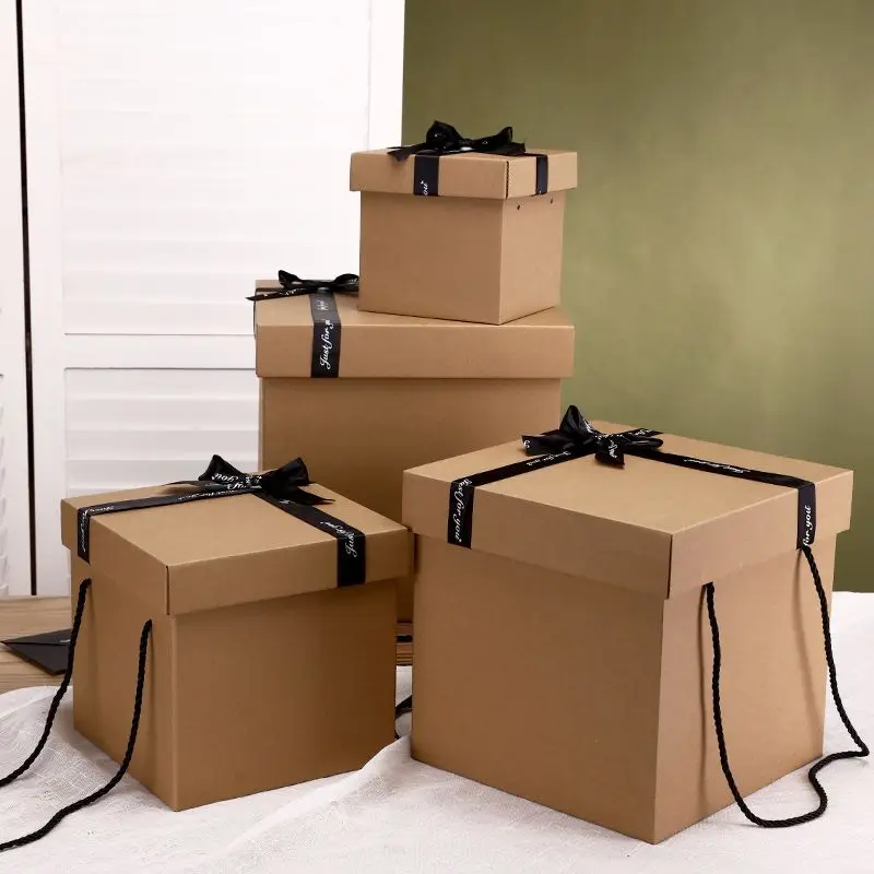 

Creative Kraft Paper Birthday Gift Box,Size Gift Packaging Boxes, Cup,Ornament,Snack Candy Box, Lafite Grass Ribbon Set Gift Bag
