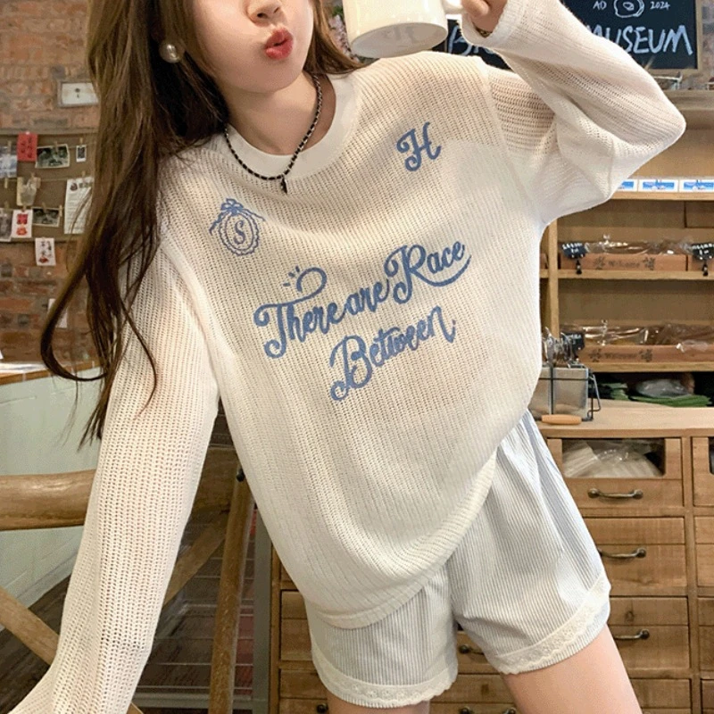 Women Hollow Out Long Sleeve Printed T-shirt American Lazy Style Casual Loose Sun Protection Top Classic O-Neck Pullover Blouse