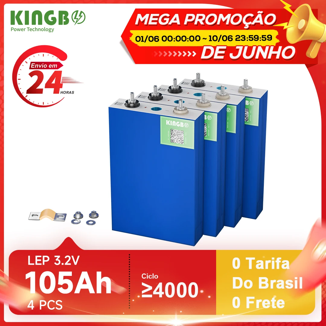 【Do Brasil】 Kingbo 4PCS 3.2V EVE105Ah Lifepo4 Bateria Grau A, Bateria de armazenamento de 