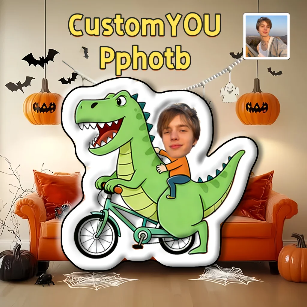 Custom Green Bike Dinosaur Pillow Personalized Photo Face Cushion Sofa Car Decorate Soft Comfortable Gift Valentine Wedding Xmas