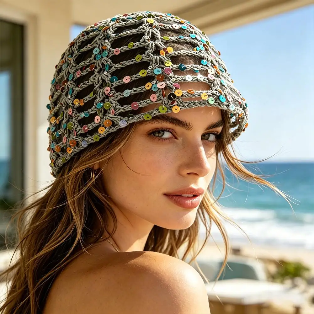 Y2K Korean Version Sequined Hollow Pullover Hat Mesh Knitted Cap Fashion Breathable Shiny Beanie Seaside Crochet Hat