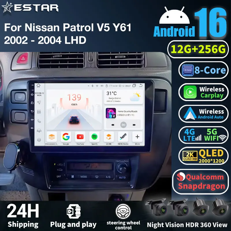 Android 16 Carplay Auto Auto Radio Voor For Nissan Patrol V 5 Y61 1997 1998 1999 2001-2005 Multimedia Video Speler Navigatie DSP