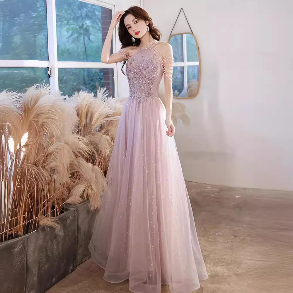 

Pink Evening Gown Women's Collar 2026 New Ele Lady High-End Feeling Wedding Dr Bridesmaid Engagement Birthday Host Skirt