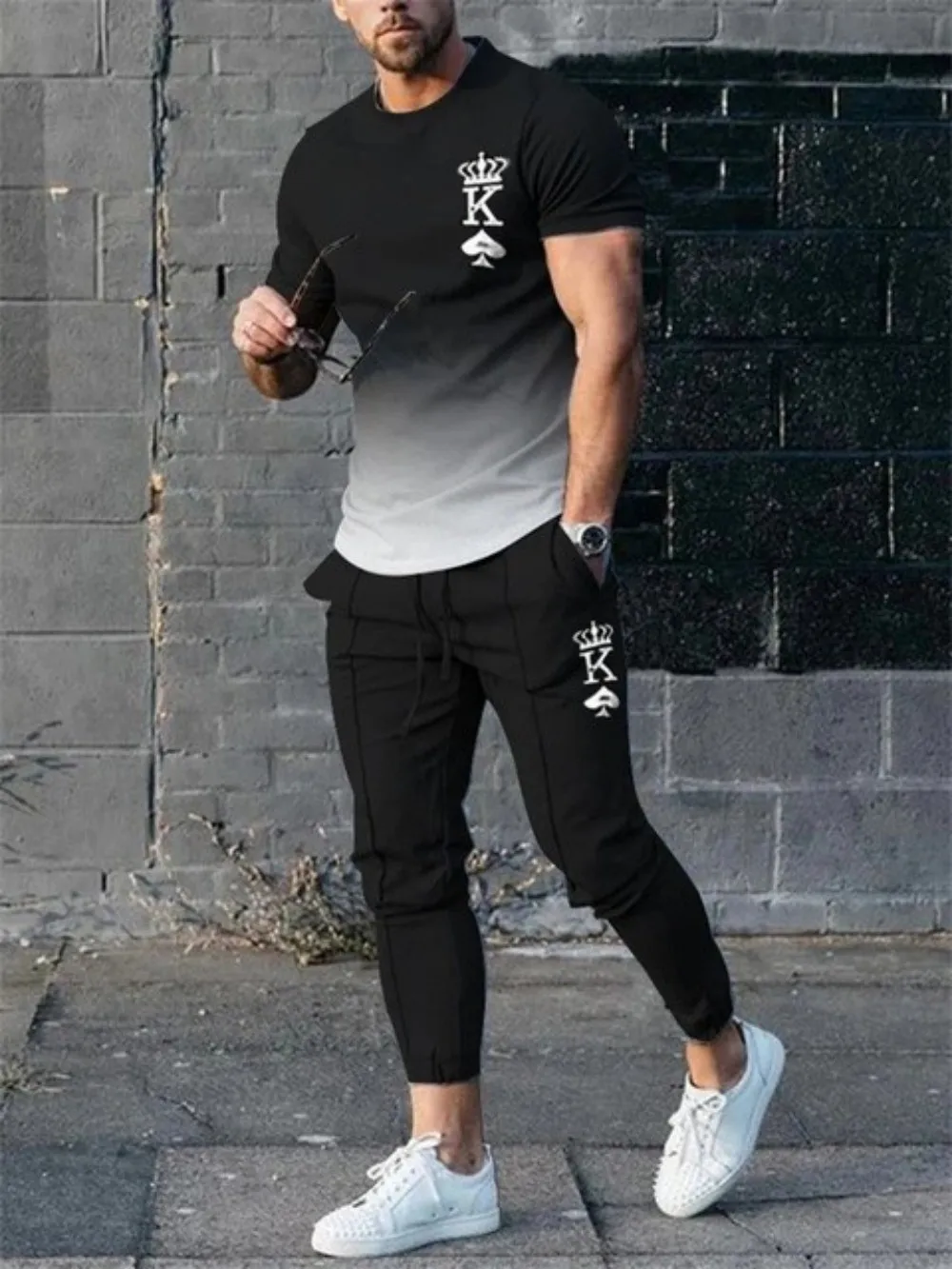 Summer Men's Fashion Gradient Splicing Printed Soft and Breathable Round Neck T-shirt Pants Set Outdoor Casual Clothing