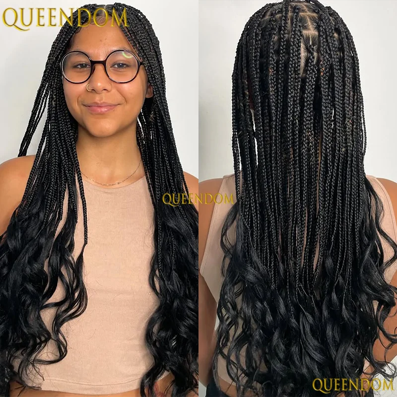 

28-дюймовый синтетический полный парик шнурка Cornrow Box Braids Парик с вьющимися концами Блондинка Французские кудри Плетеные парики