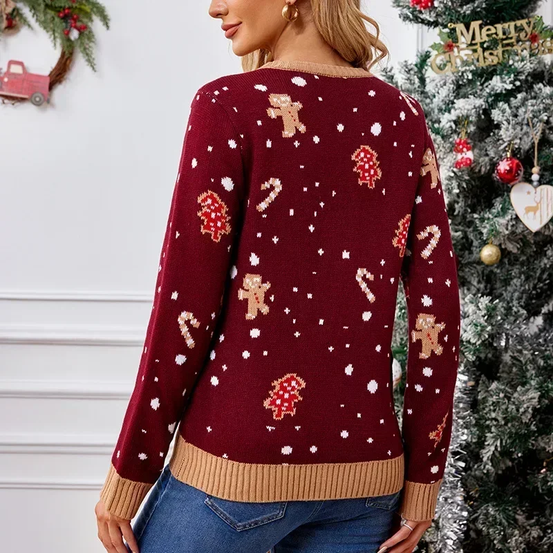 Casual Christmas sweater Women\'s Autumn/Winter sweater Gingerbread Man pattern long-sleeved pullover sweater