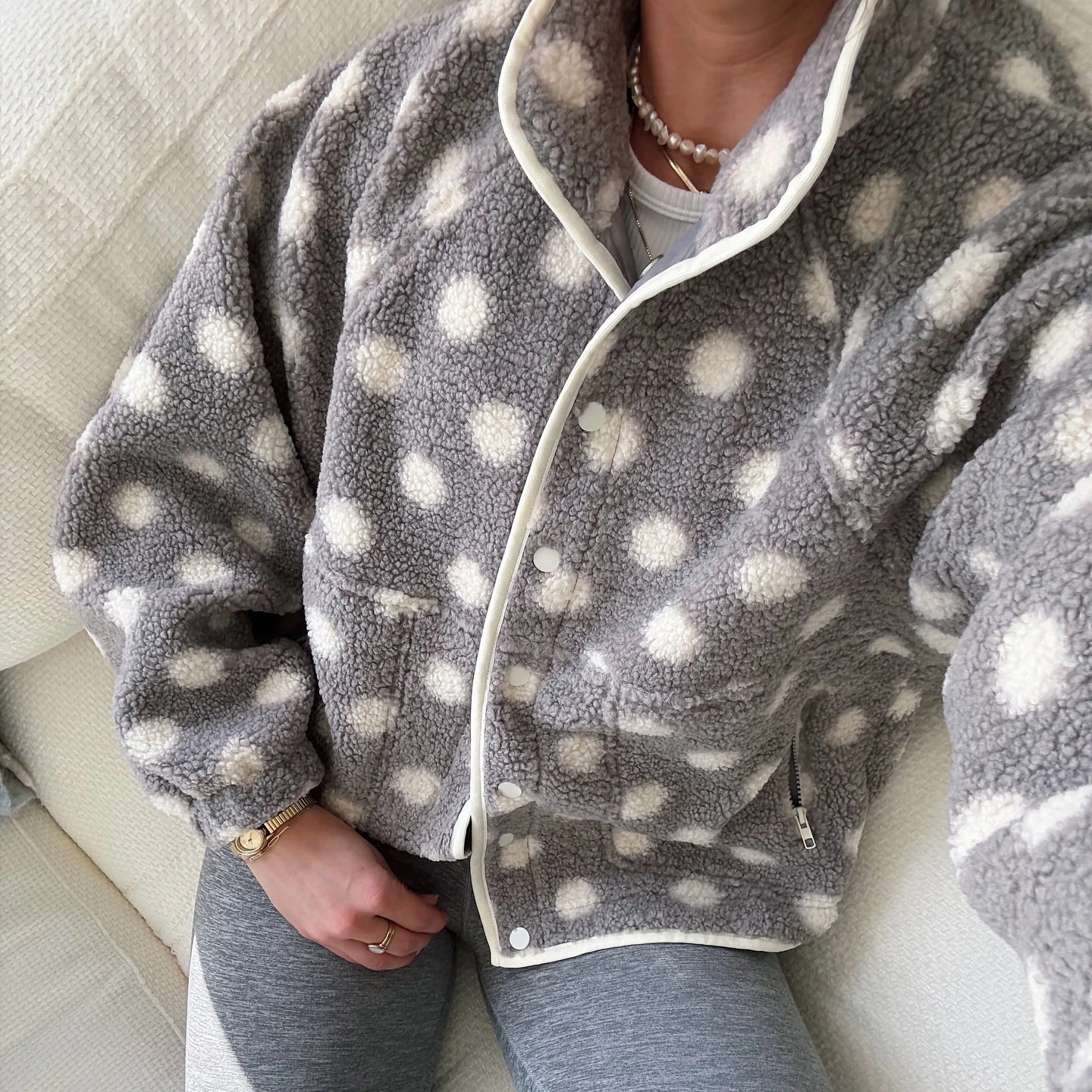 2025 Collection Womens Fall Winter Fleece Jacket Dot Pattern Long Sleeve Lapel Button Down Sherpa Coat