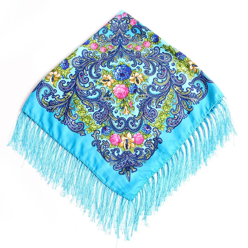 Russian Style Square Scarf Women Floral Print Bandana Shawl Ethnic Fringed Ukrainian Shawl Babushka Handkerchief Lady Pashmina