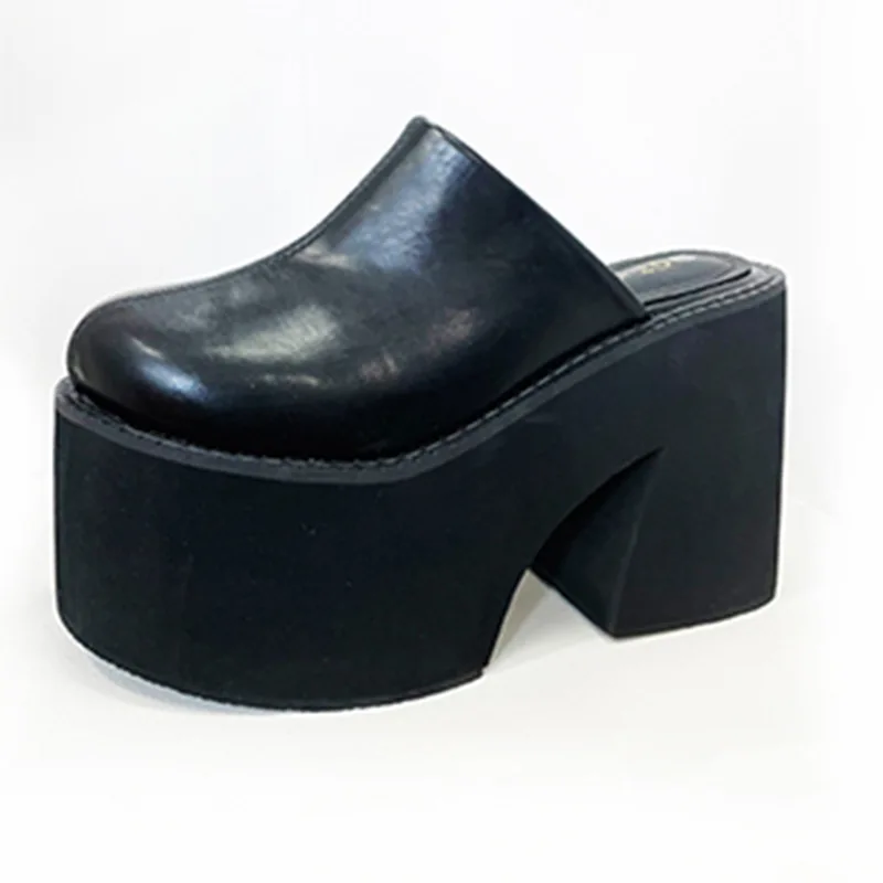 

2025 New Women Slippers Baotou Platform Trend High Heels Ladies Shoes Pumps Black Soft Leather Thick Slides Mujer