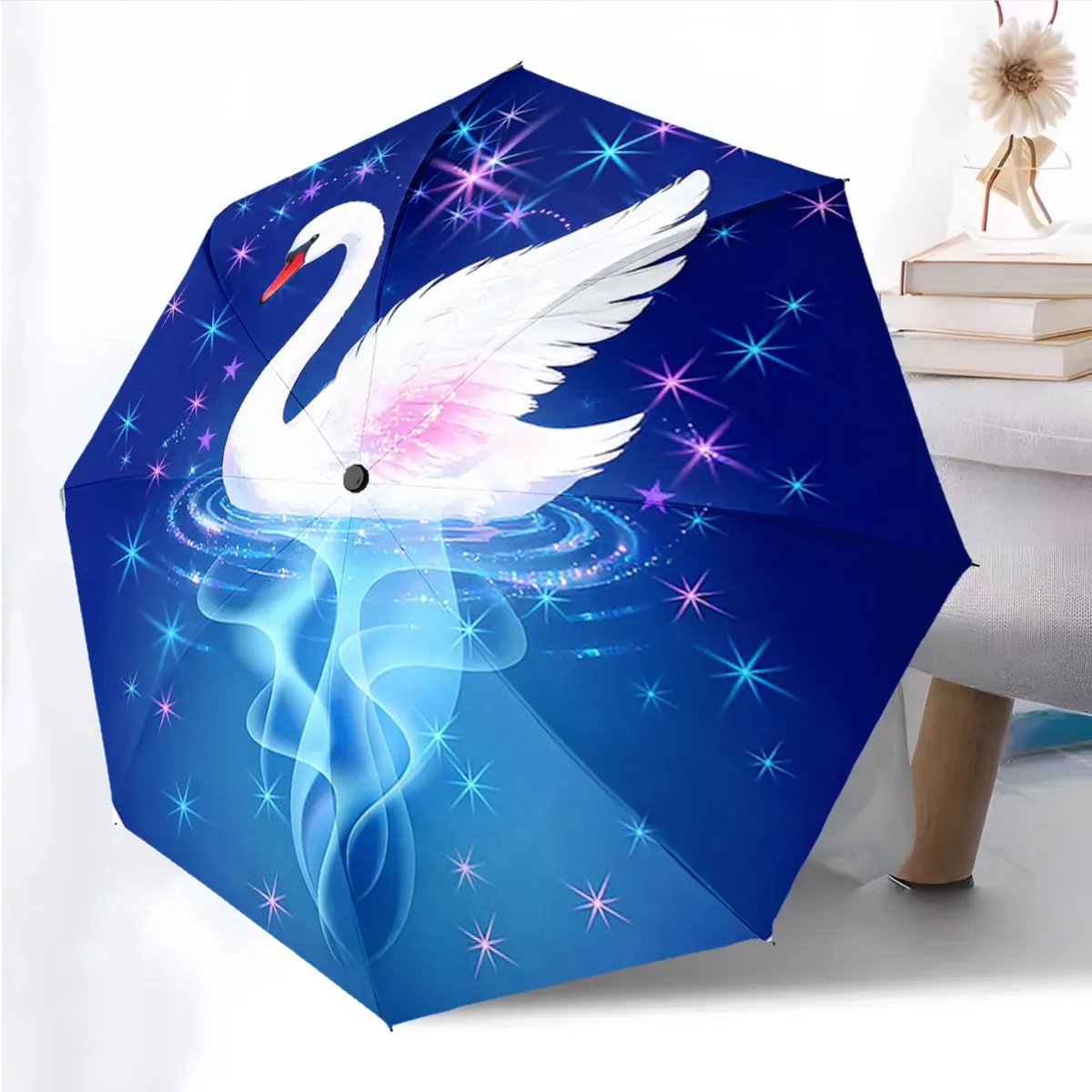 1PC Majestic Swan Design on Blue Umbrella Print 8 Iron Ribs Folding Umbrella Auto-Open Fashion Sunshade