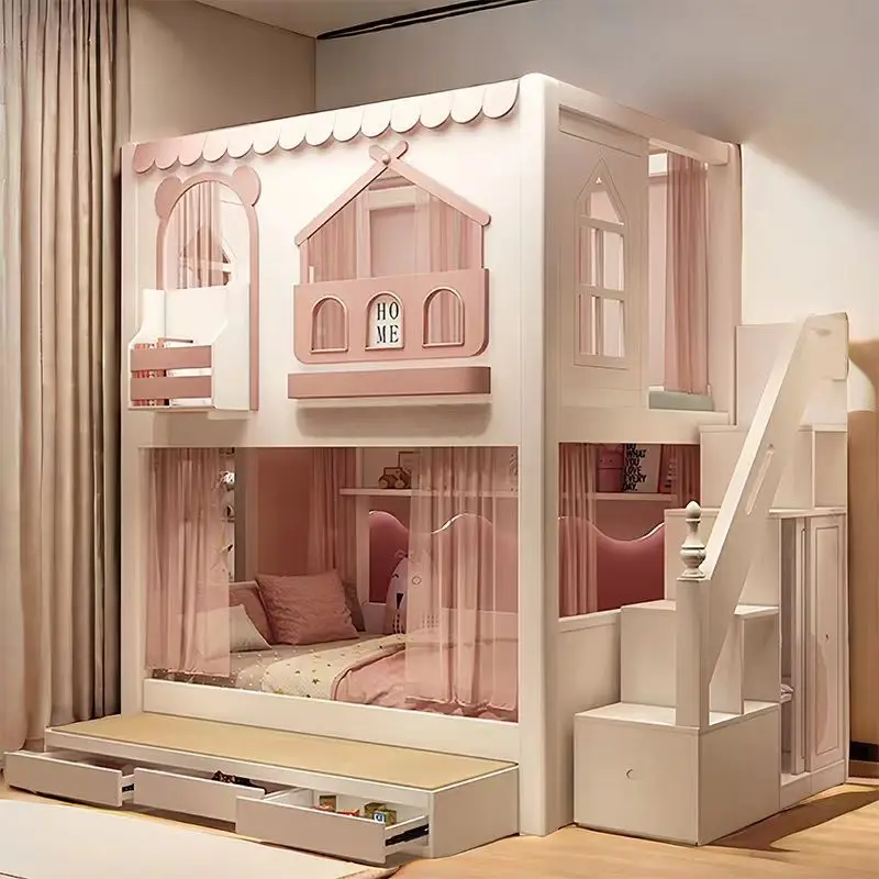 Kids bed girl princess bunk  bunkhigh and low  child sister  high guardrail slide raised